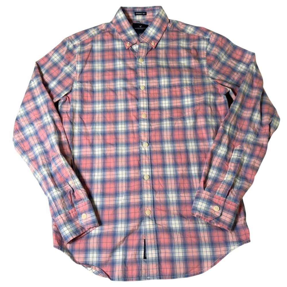 American Eagle Seriously Soft Mens‎ Small Pink Blue Plaid Button Down Shirt S